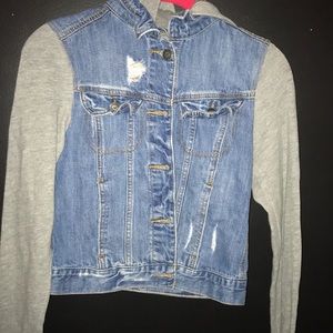 Denim jacket with grey sleeves